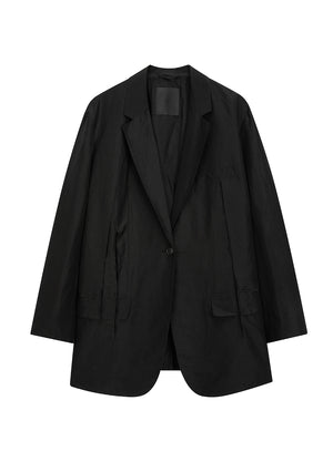 Blazer / JNBY Retro Silk Linen Pleated Loose Fit H-Shaped Blazer Black