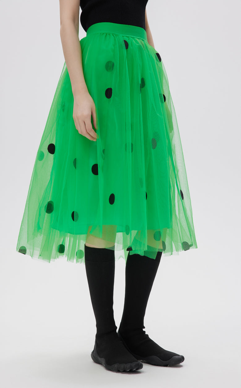 Skirt / JNBY Girly Embroidery Printed Mesh Polka Dot A-shape Skirt Green
