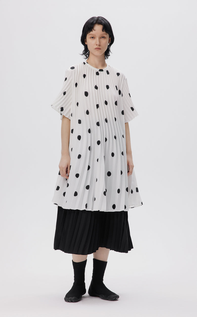 Dress / JNBY Vintage Polka Dot Print Pleated Round Neck Short Sleeve Dress White