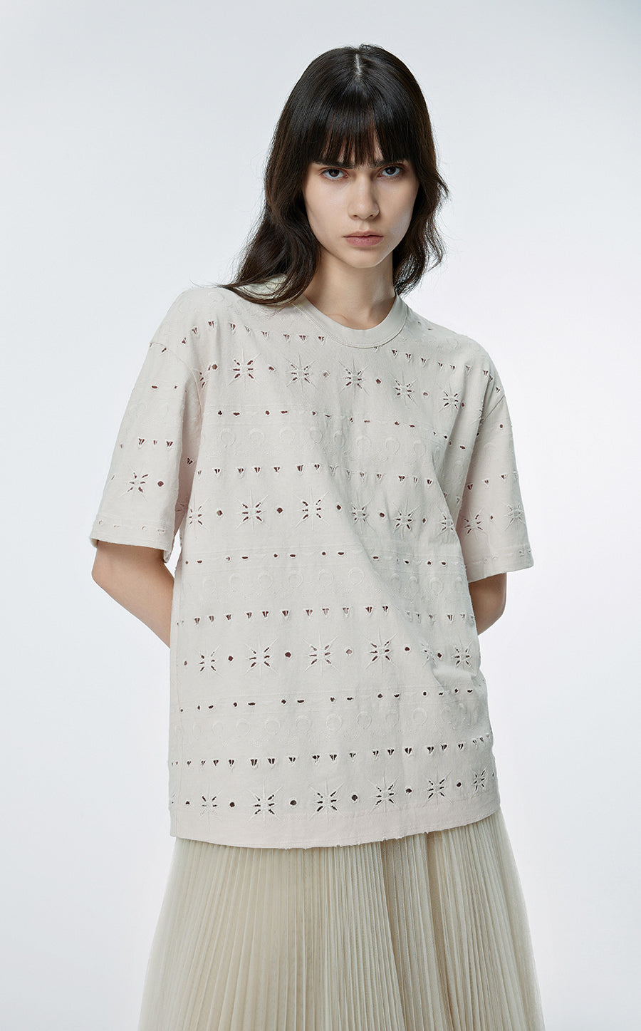 T-shirt / JNBY Round Neck Hollow Out Cotton T-shirt White
