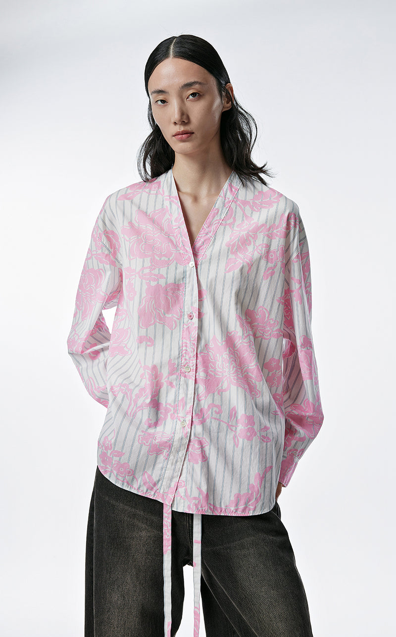 Shirt / JNBY Cotton Loose Fit V-neck Long-sleeved Print Shirt Pink