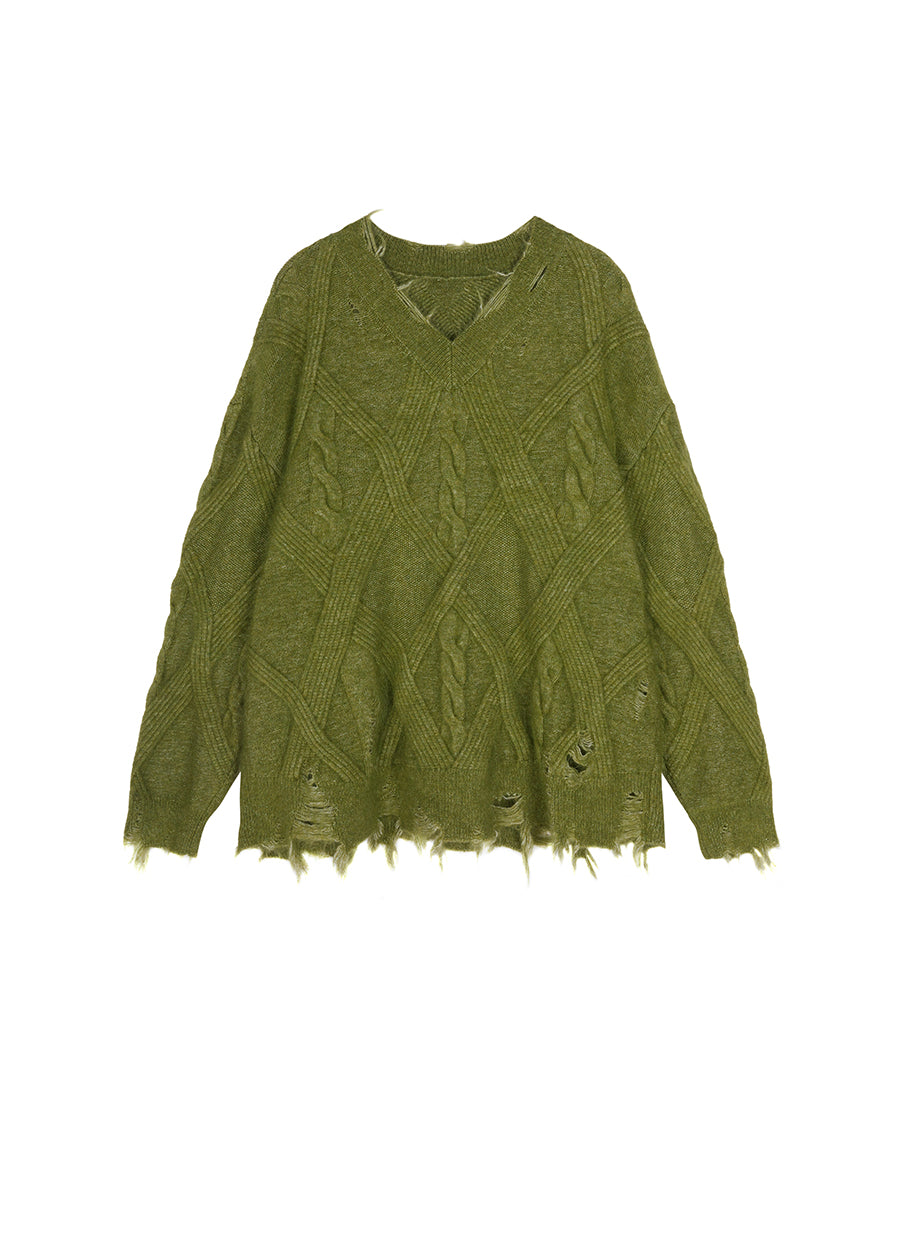 Sweater / JNBY Relaxed V-neck Sweater in Twist Knit Green
