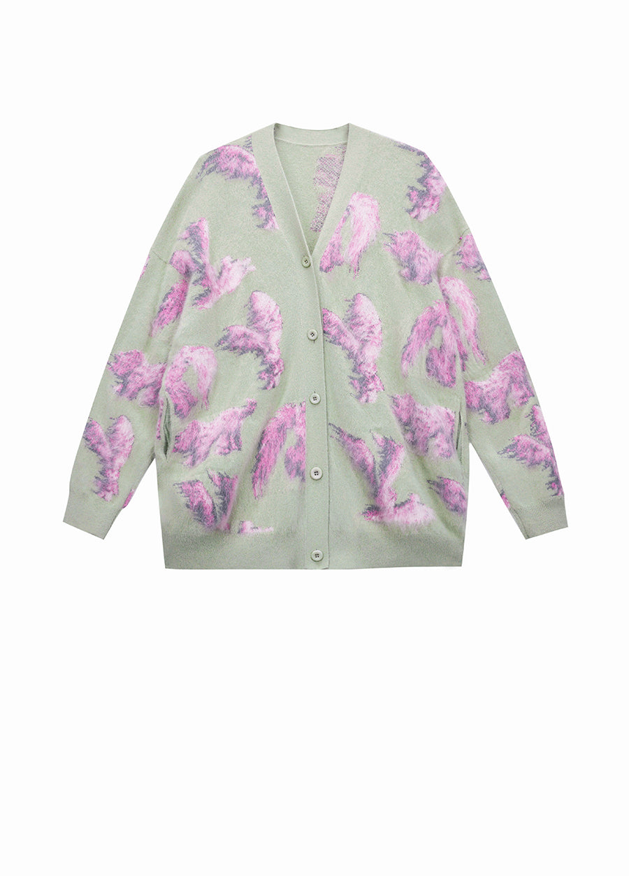 Sweater / JNBY Relaxed V-neck Rabbit Print Cardigan Green