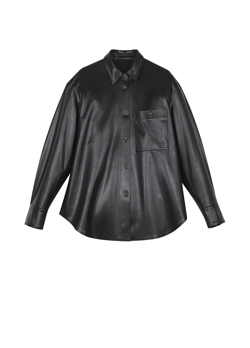Coat / JNBY Faux Leather Coat in Shirt Style Black