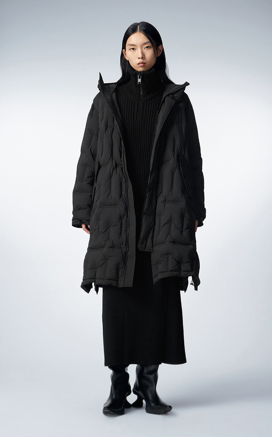 Coat / JNBY Knee-length Asymmetric Hooded Down Coat Black