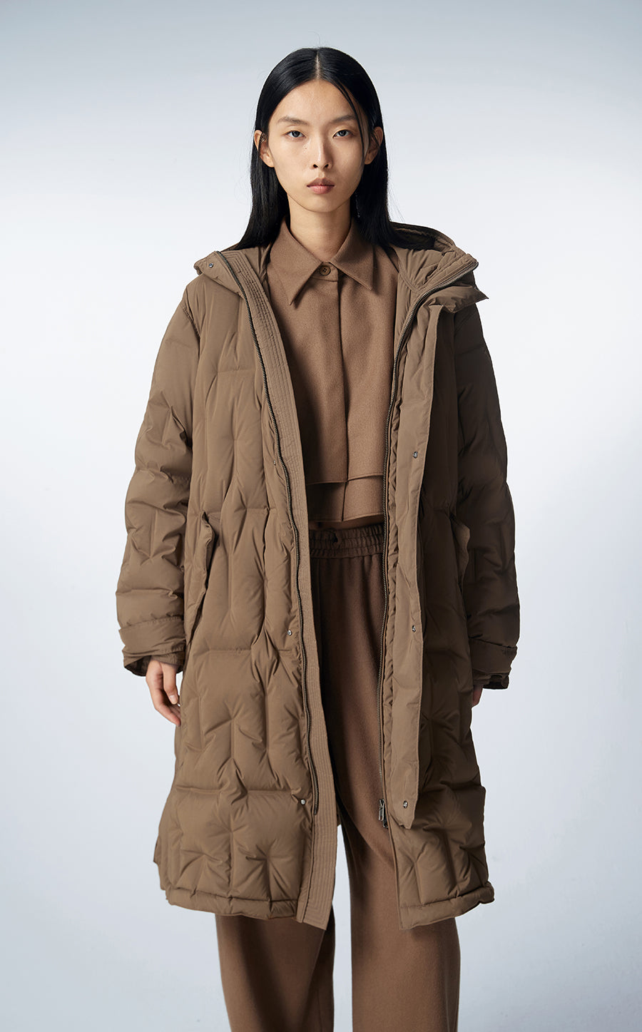 Coat / JNBY Knee-length Asymmetric Hooded Down Coat Brown