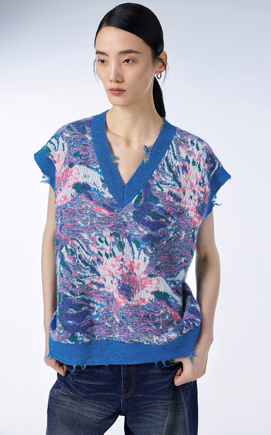 Vest / JNBY Peony Jacquard V-neck Vest SteelBlue