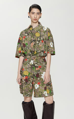 Shirt / JNBY Floral-print Cropped Short-sleeve Shirt DarkOliveGreen