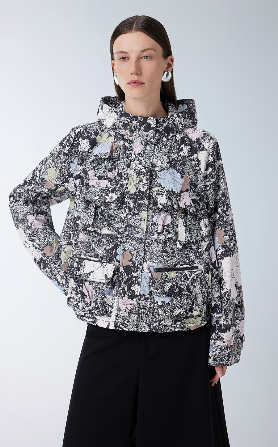 Coat / JNBY Floral-print Hooded Jacket Grey