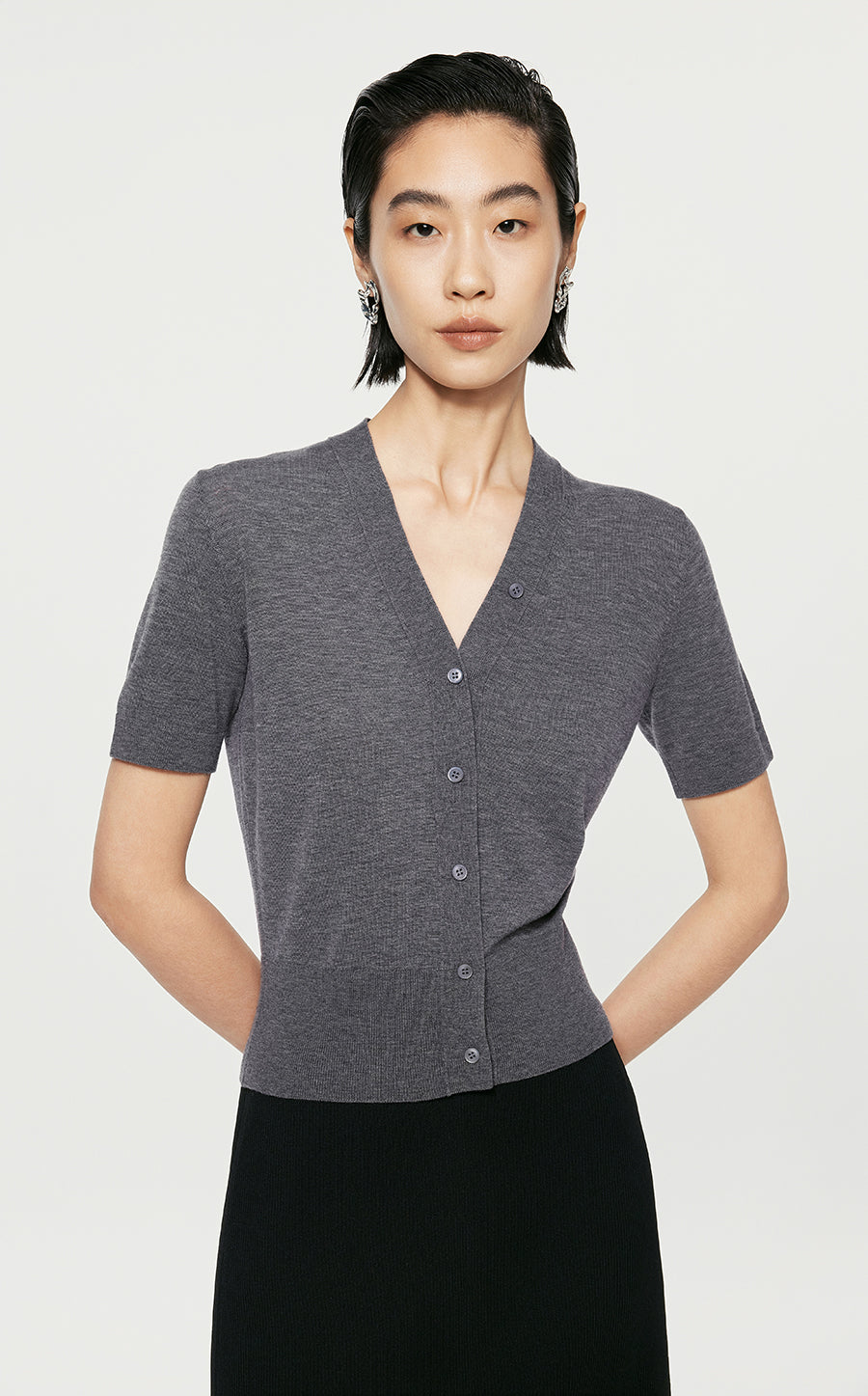 Sweater/JNBY V-neck Slim Fit Short-sleeved Sweater Grey