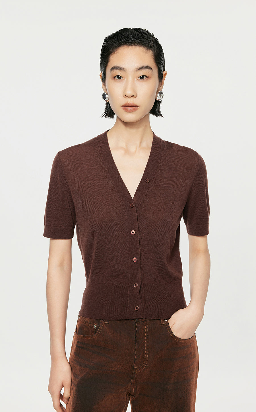 Sweater/JNBY V-neck Slim Fit Short-sleeved Sweater Brown