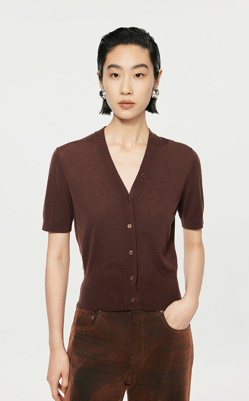 Sweater/JNBY V-neck Slim Fit Short-sleeved Sweater Brown