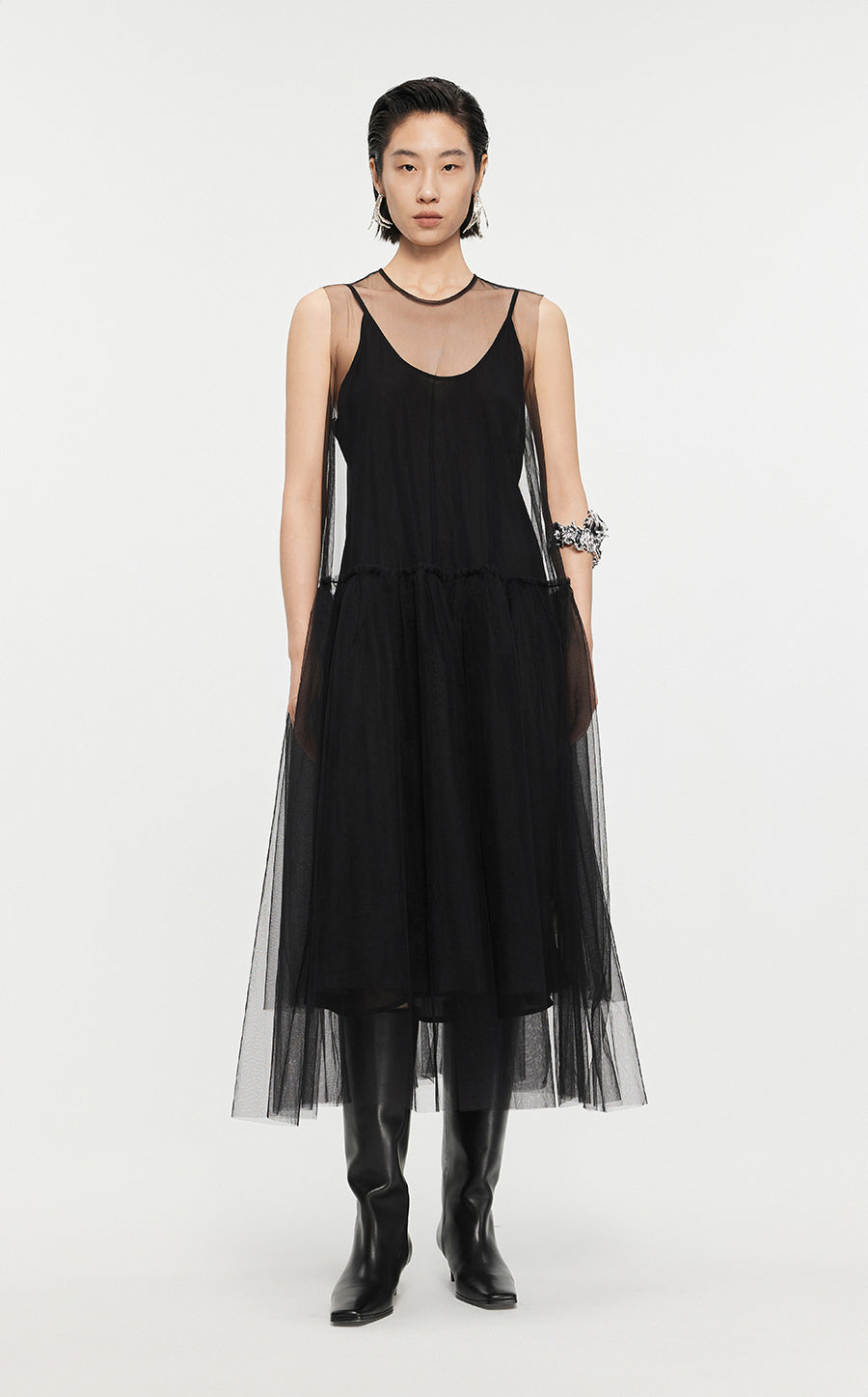 Dresses / JNBY A-line Mesh Above-the-knee Sleeveless Dresses Black