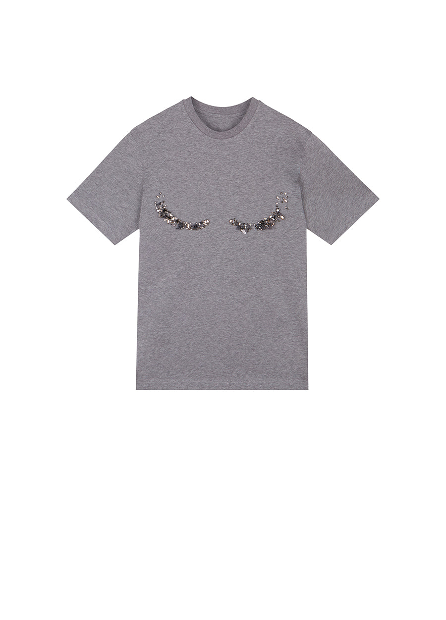 T-Shirt/JNBY Micro Elastic Loose Fitting Nail Bead Short-sleeved T-shirt Grey