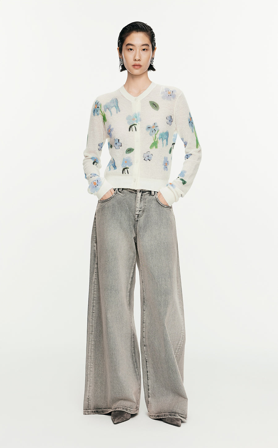 Sweater/JNBY Printed Short Cardigan Sweater White