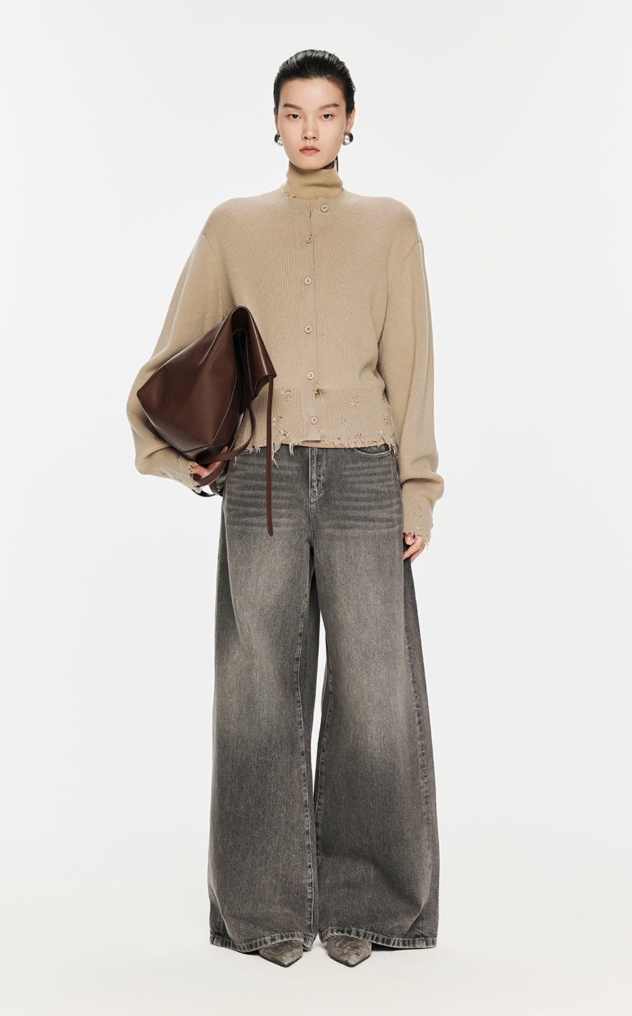 Sweater / JNBY Distressed Button-up Cardigan Khaki