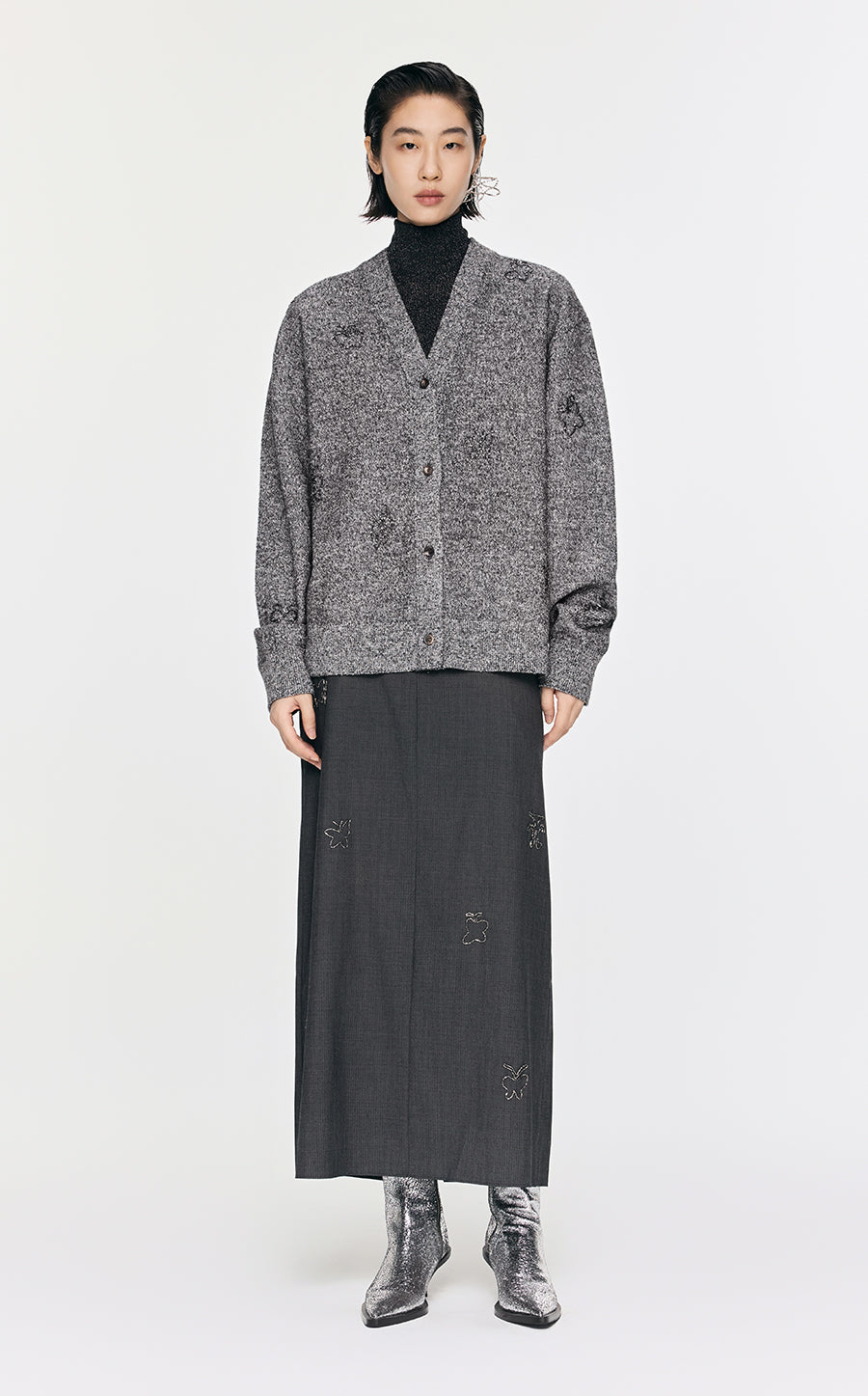 Sweater / JNBY Butterfly-embellished Mid-length Cardigan Grey