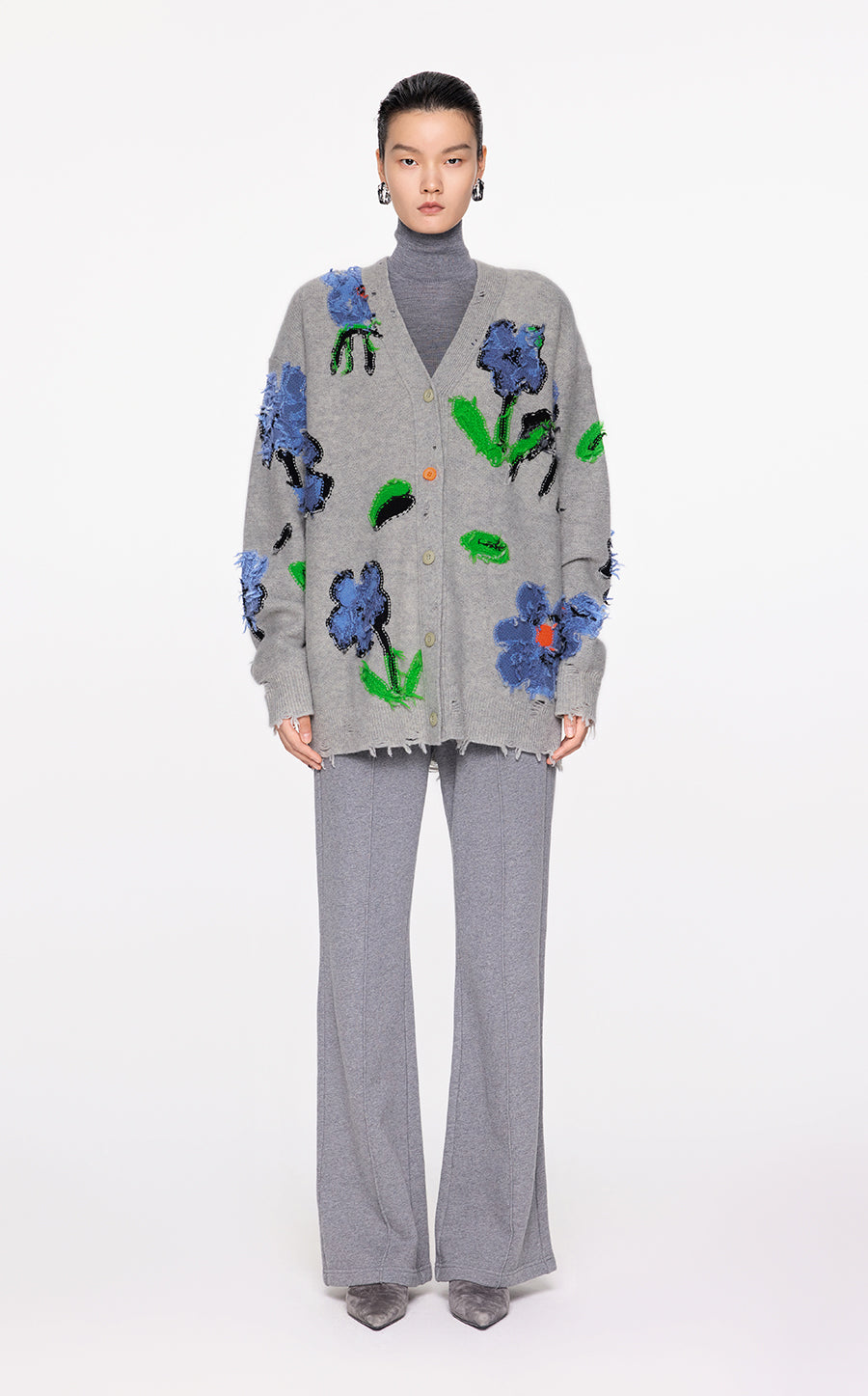 Sweater / JNBY Floral Pattern V-neck Cardigan Grey