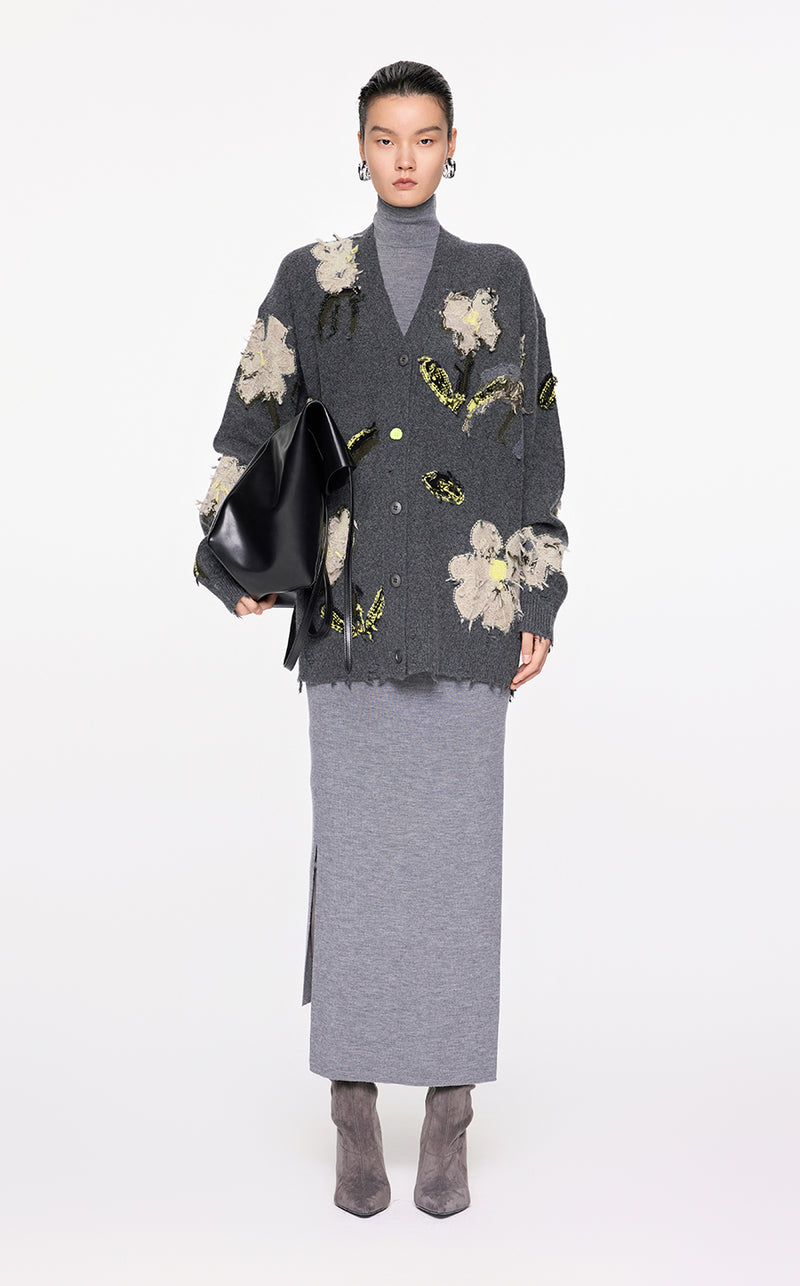 Sweater / JNBY Floral Pattern V-neck Cardigan Darkgray