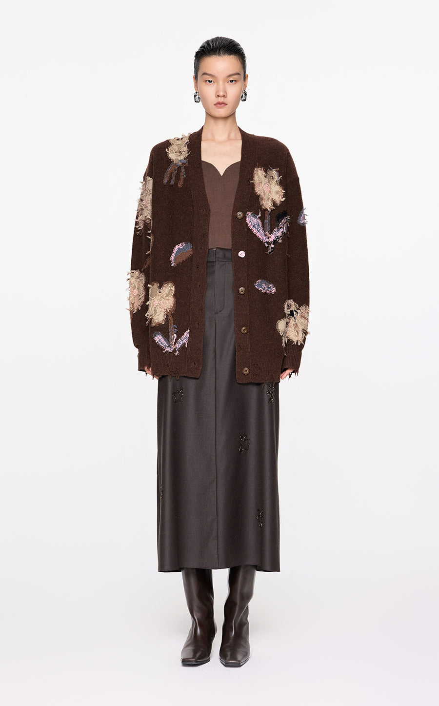 Sweater / JNBY Floral Pattern V-neck Cardigan Brown