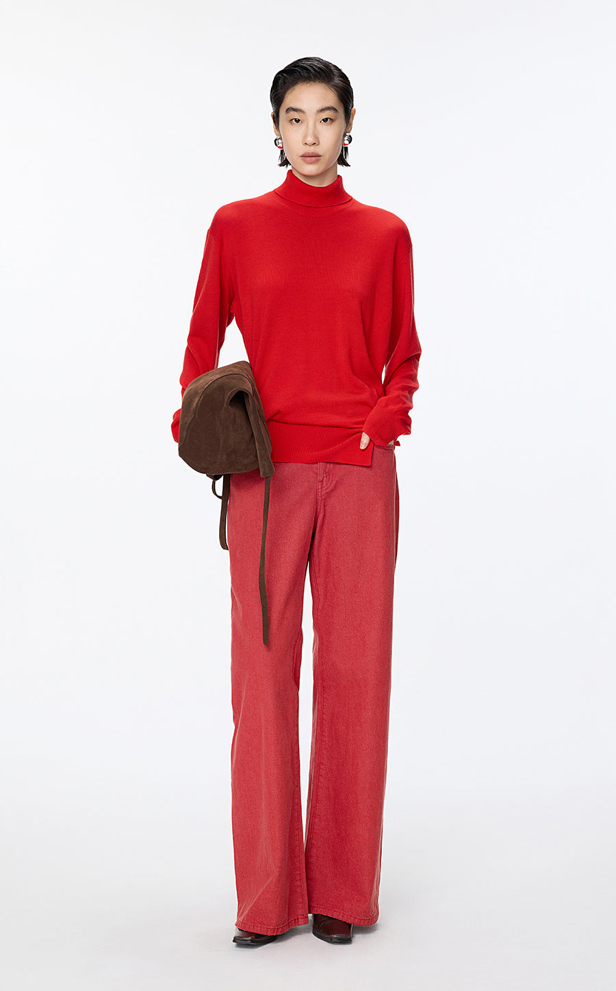 Sweater / JNBY Fine Knit High Neck Irregular Sweater Red