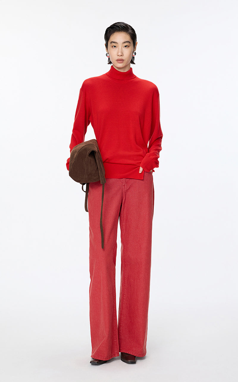 Sweater / JNBY Fine Knit High Neck Irregular Sweater Red