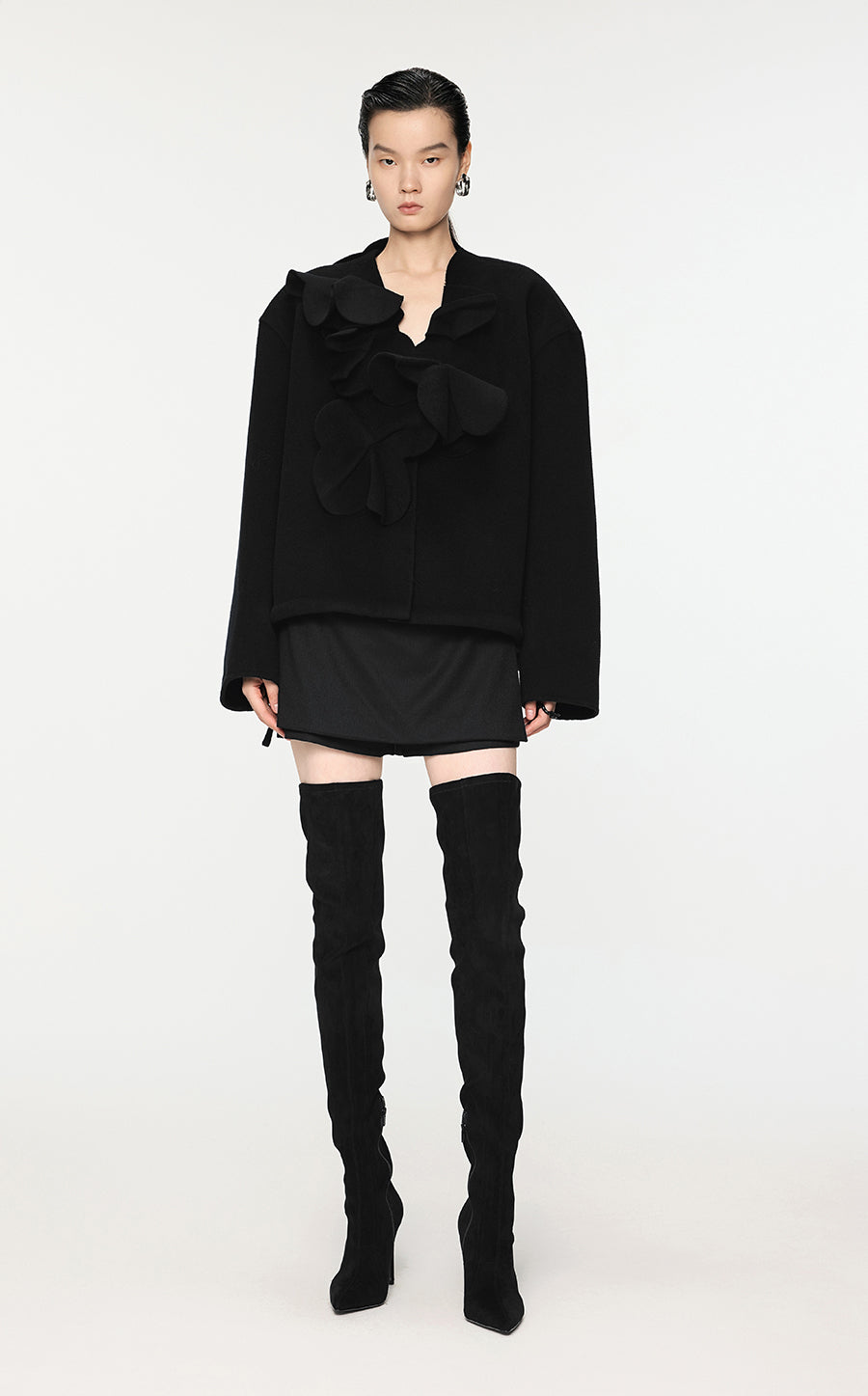 Coat / JNBY 3D-Flower Wool Coat With Drawstring Hem Black