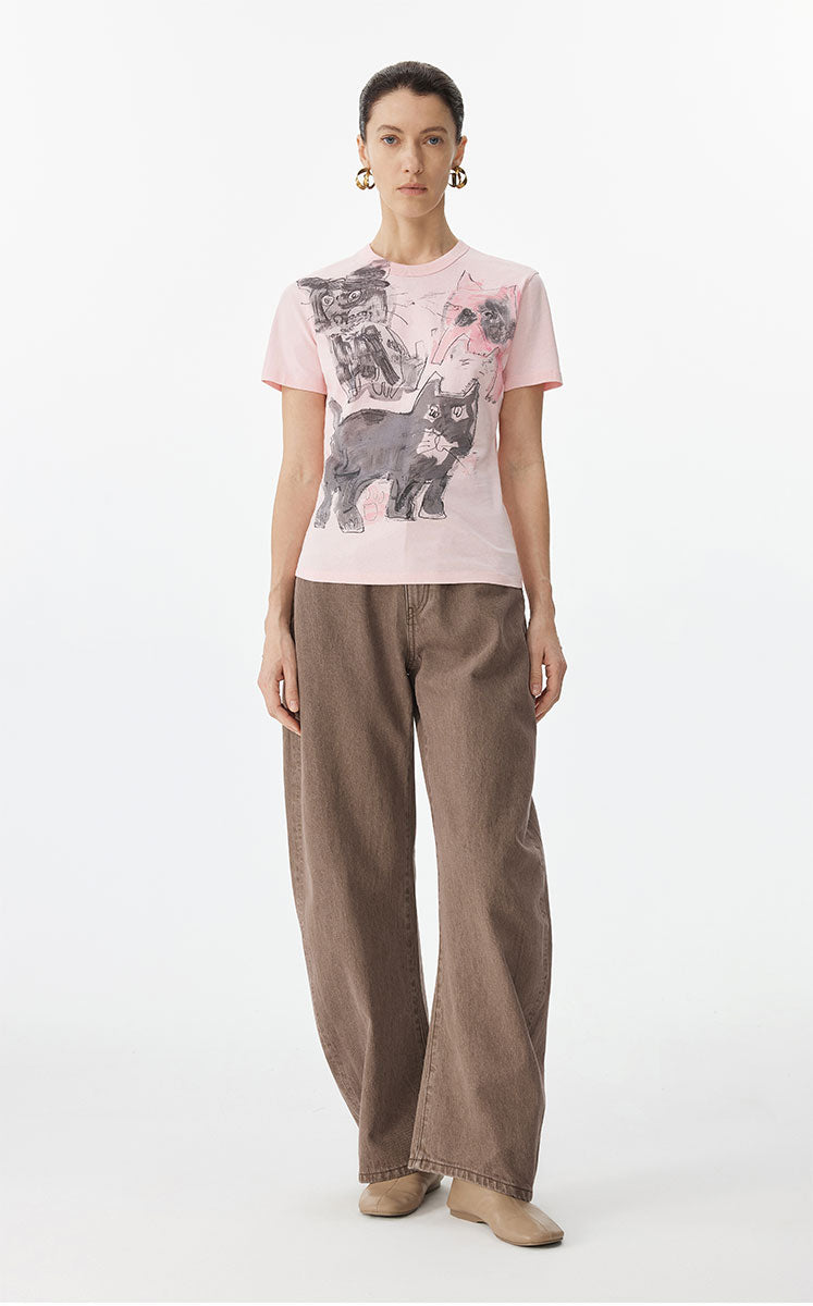 T-shirt / JNBY Playful Cat Graphic Cotton T-Shirt Light coral red
