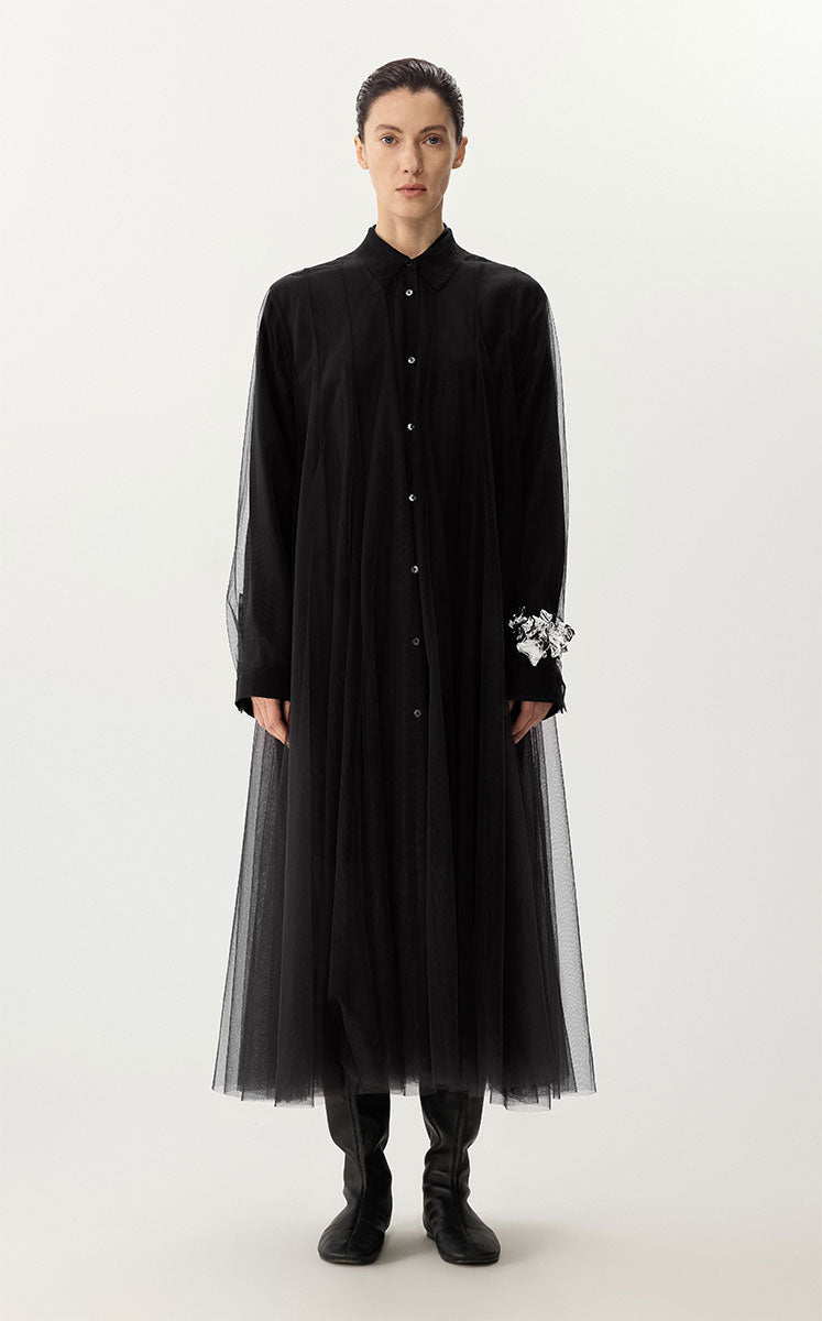 Dress / JNBY A-Line Mesh Long-Sleeve Dress-2-in-1 Design Black