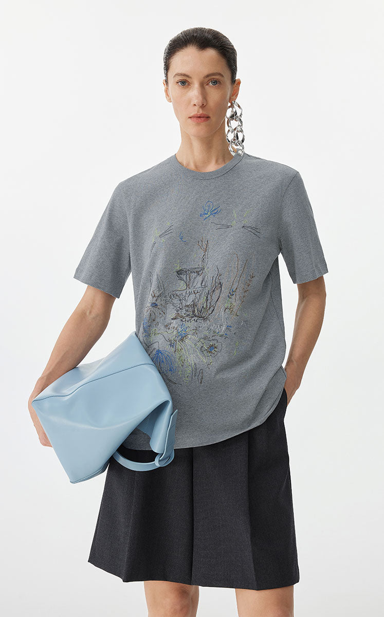T-shirt / JNBY Hand-Drawn City Park Cotton T-Shirt Medium ash