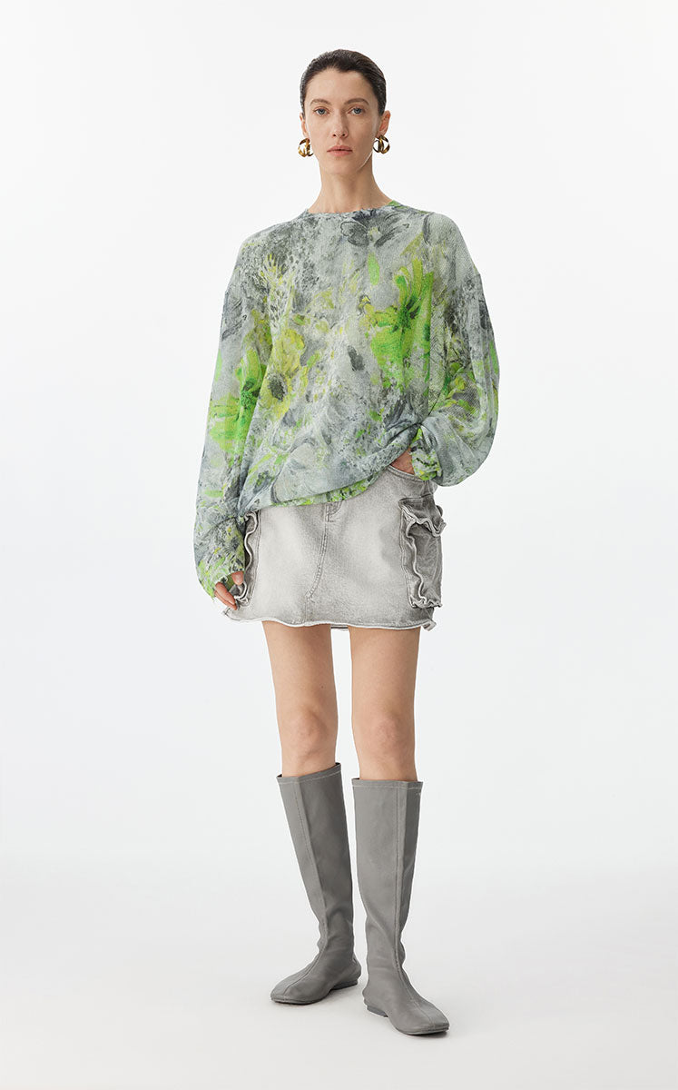 Sweater / JNBY Watercolor Floral Oversized Knit Sweater Gray variegated color system