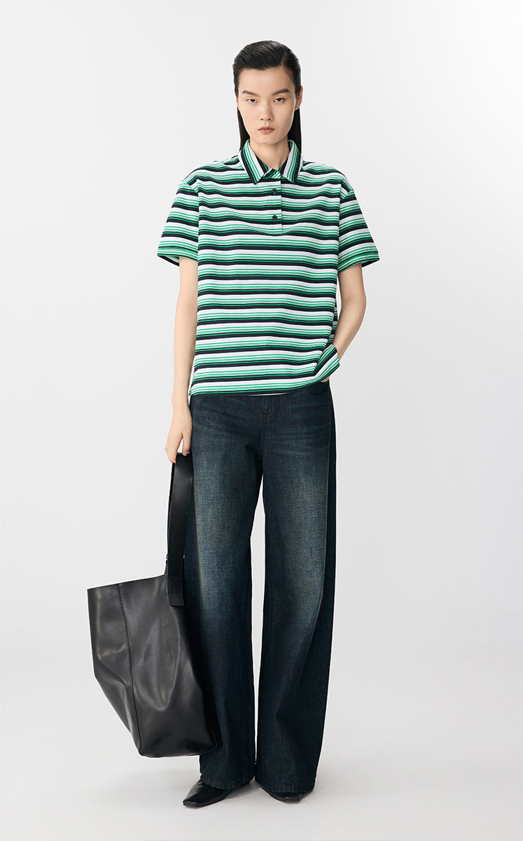 T-Shirt / JNBY Striped Cotton Relaxed Polo Tee Green