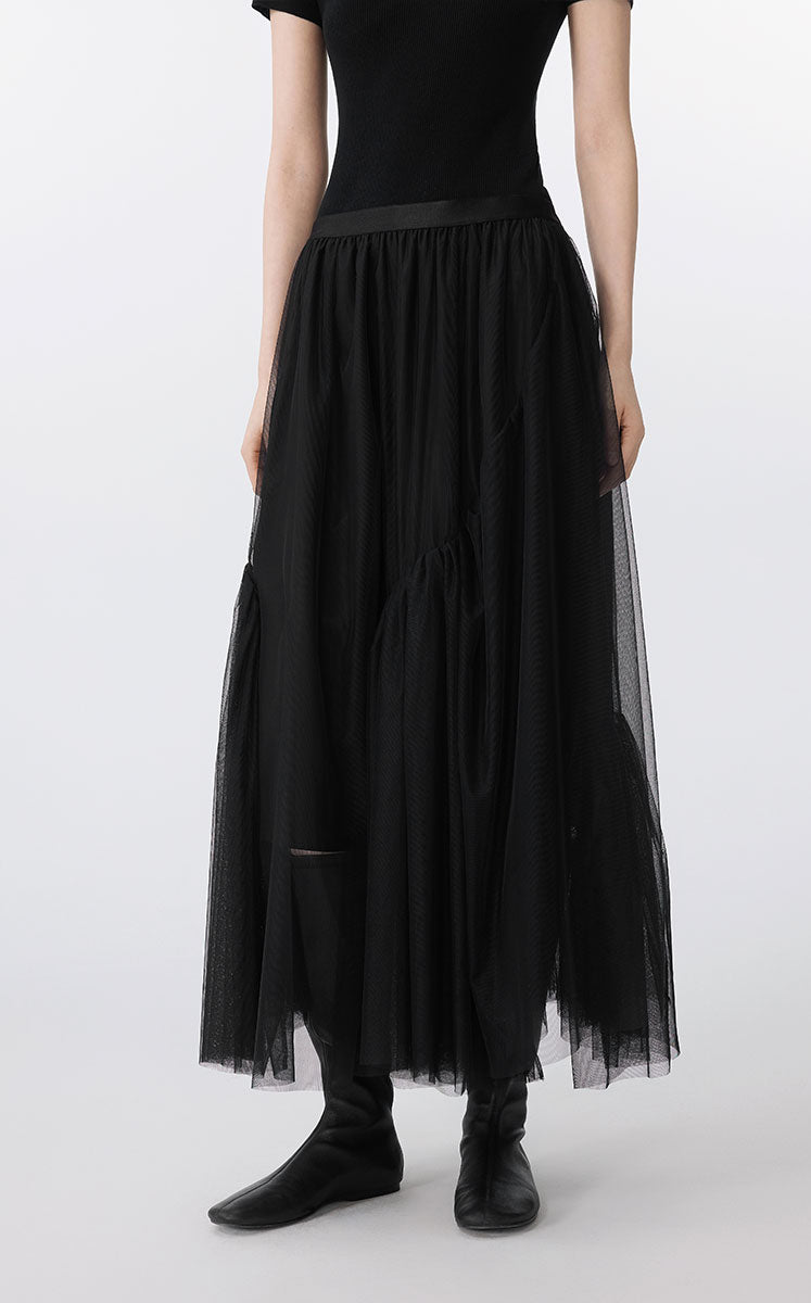 Skirt / JNBY Sheer Mesh Ruffle Hem Skirt Black