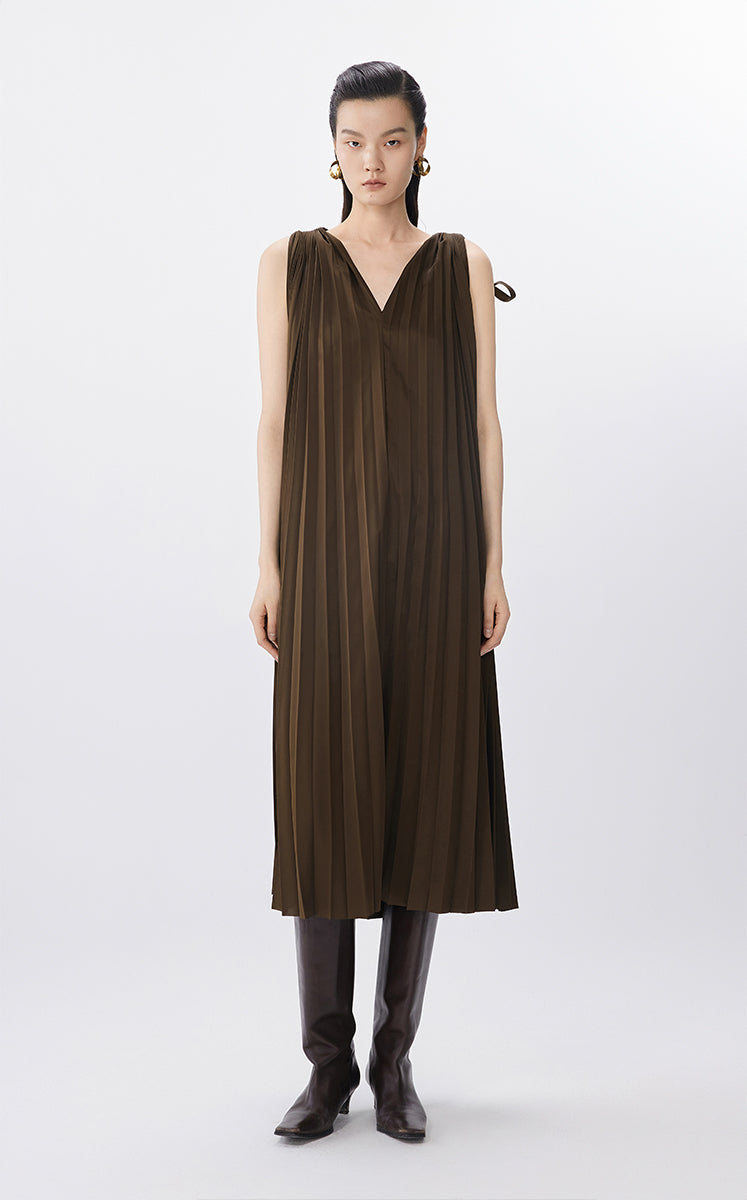 Dress / JNBY Pleated Satin A-Line Dress Brown