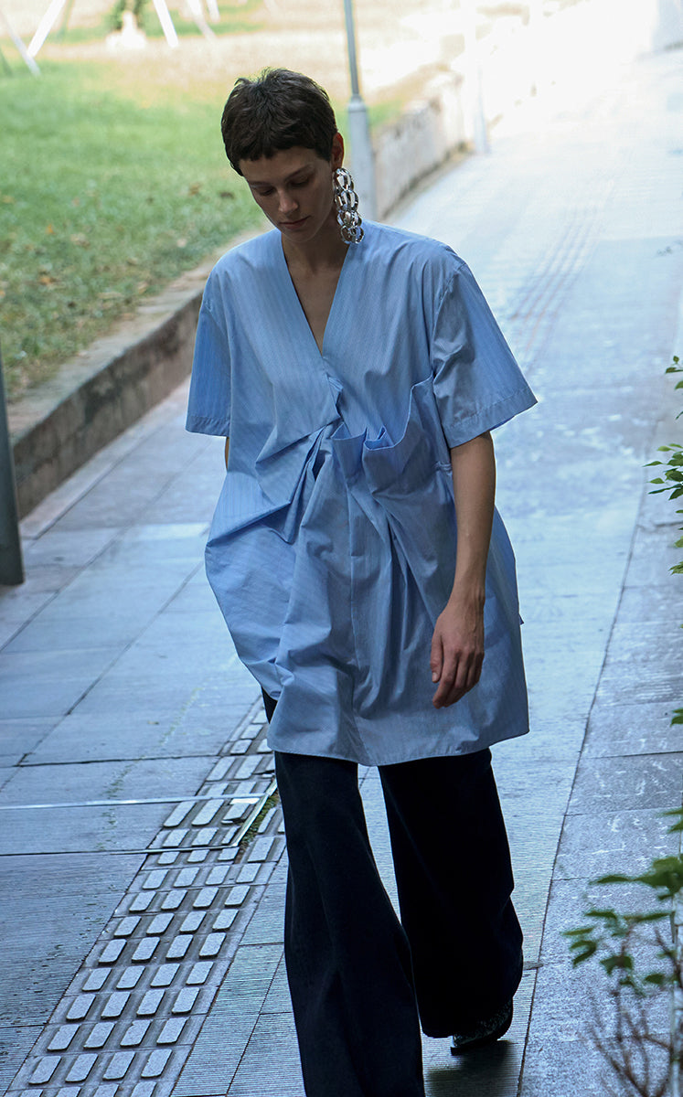 Dress / JNBY Pleated Poplin V-Neck Dress Blue