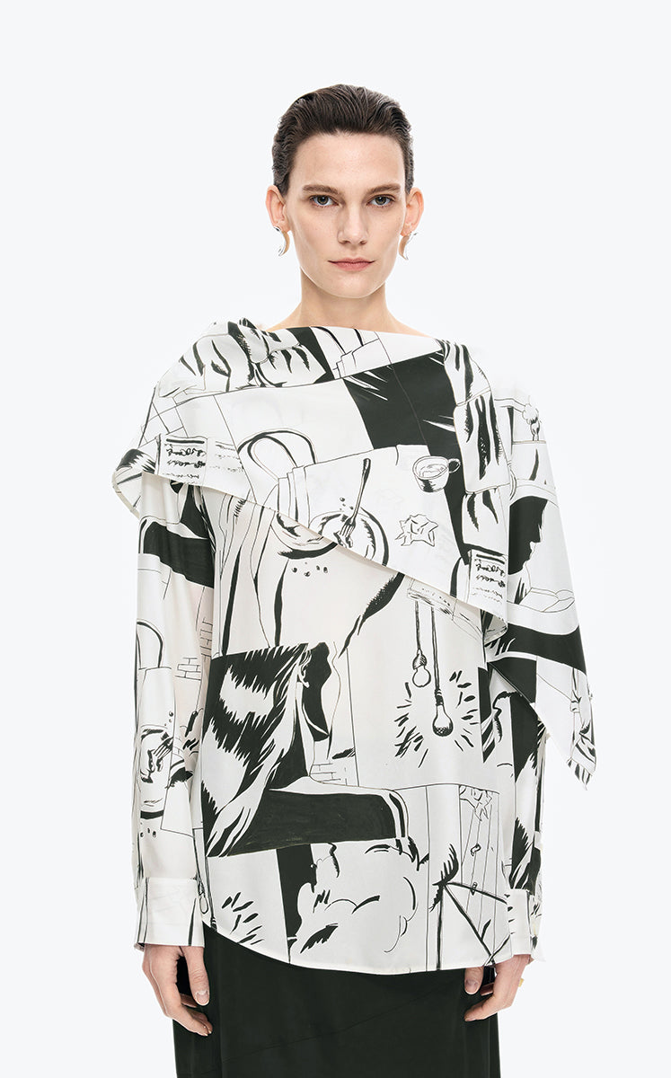 Shirt / JNBY Wrap-Style Silk Comic Print Blouse