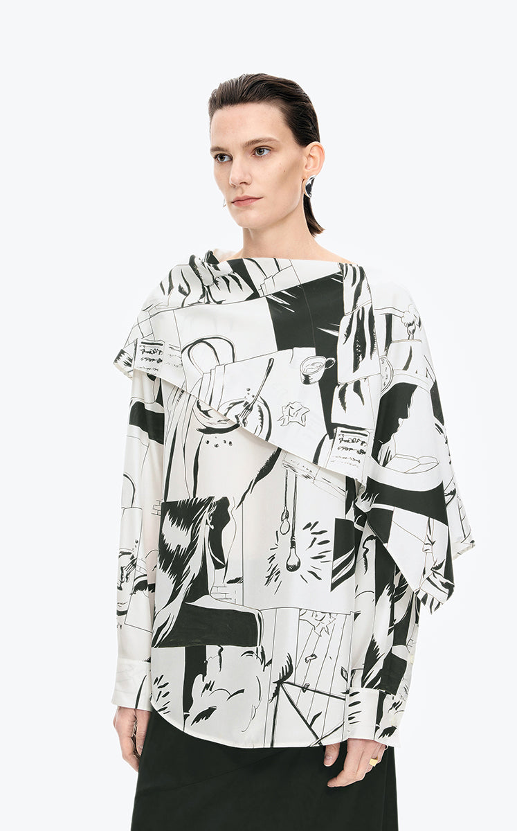 Shirt / JNBY Wrap-Style Silk Comic Print Blouse