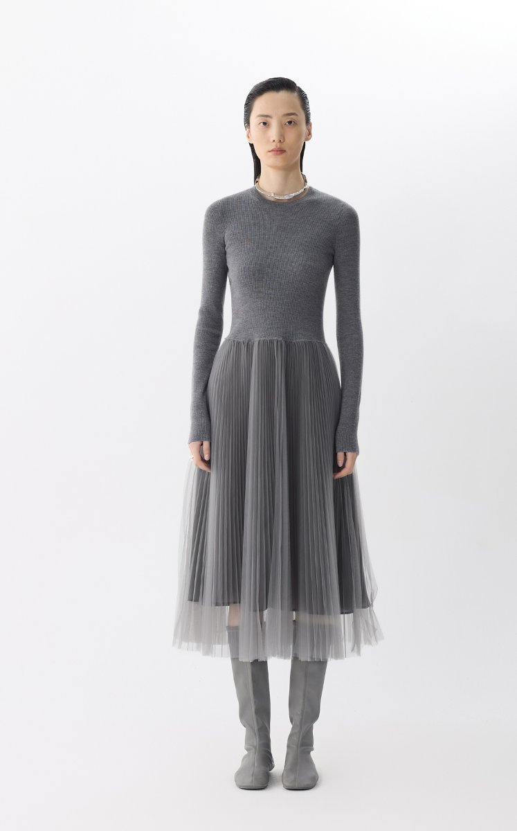 Dress / JNBY Basolan Wool Paneled X-Line Long Sleeve Dress Miscellaneous tobacco ash
