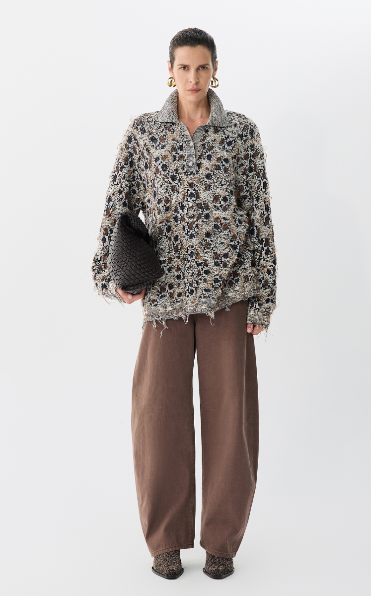 Sweater / JNBY Geometric Patterned Polo Neck Sweater Brown
