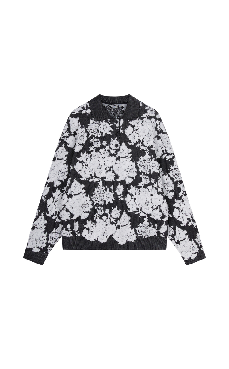 Sweater / JNBY Peony Jacquard Polo Neck Knit Pullover Black