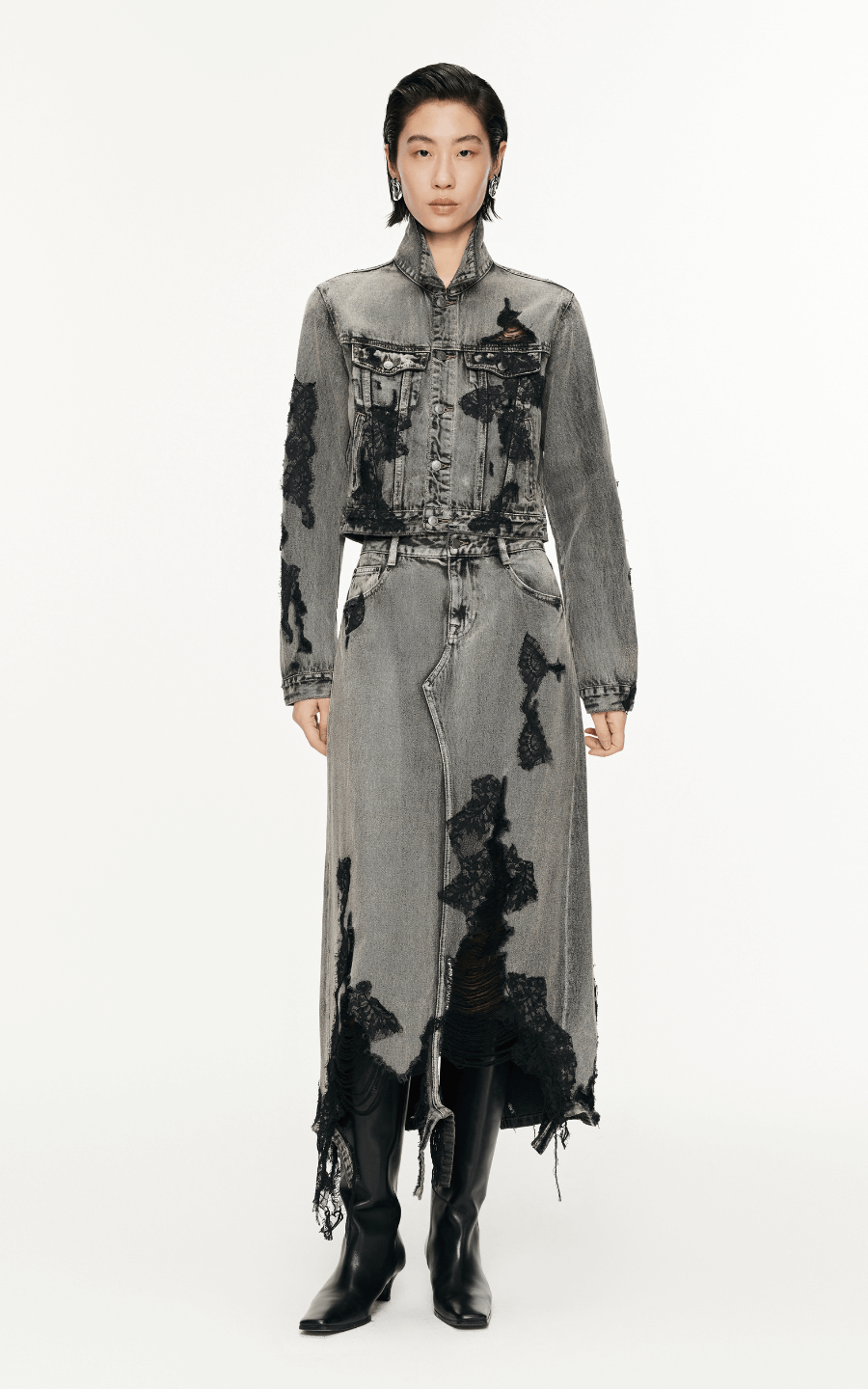 Skirt / JNBY Lace Patchwork Frayed Denim Long Skirt Gray
