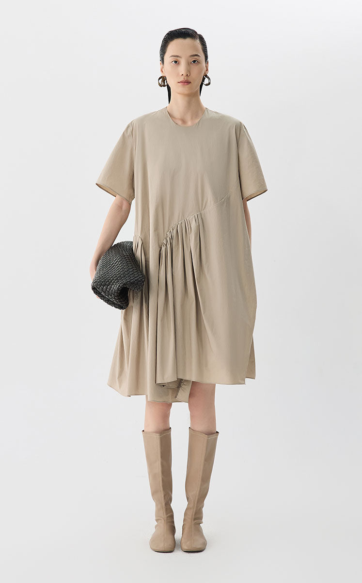Dress / JNBY Cotton Pleated Waist Short Sleeve Dress Brown