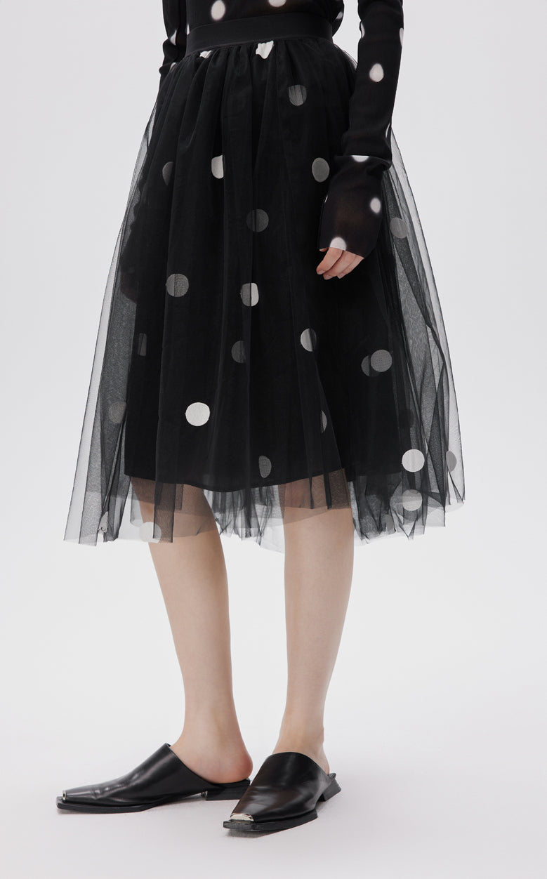 Skirt / JNBY Girly Embroidery Printed Mesh Polka Dot A-shape Skirt Black