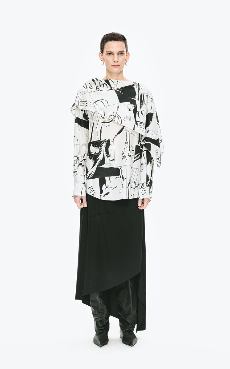 Shirt / JNBY Wrap-Style Silk Comic Print Blouse White-Black