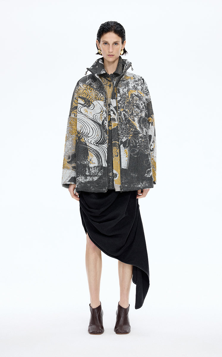 Coat / JNBY A-Line Jacquard Wool Blend Jacket Yellow Black