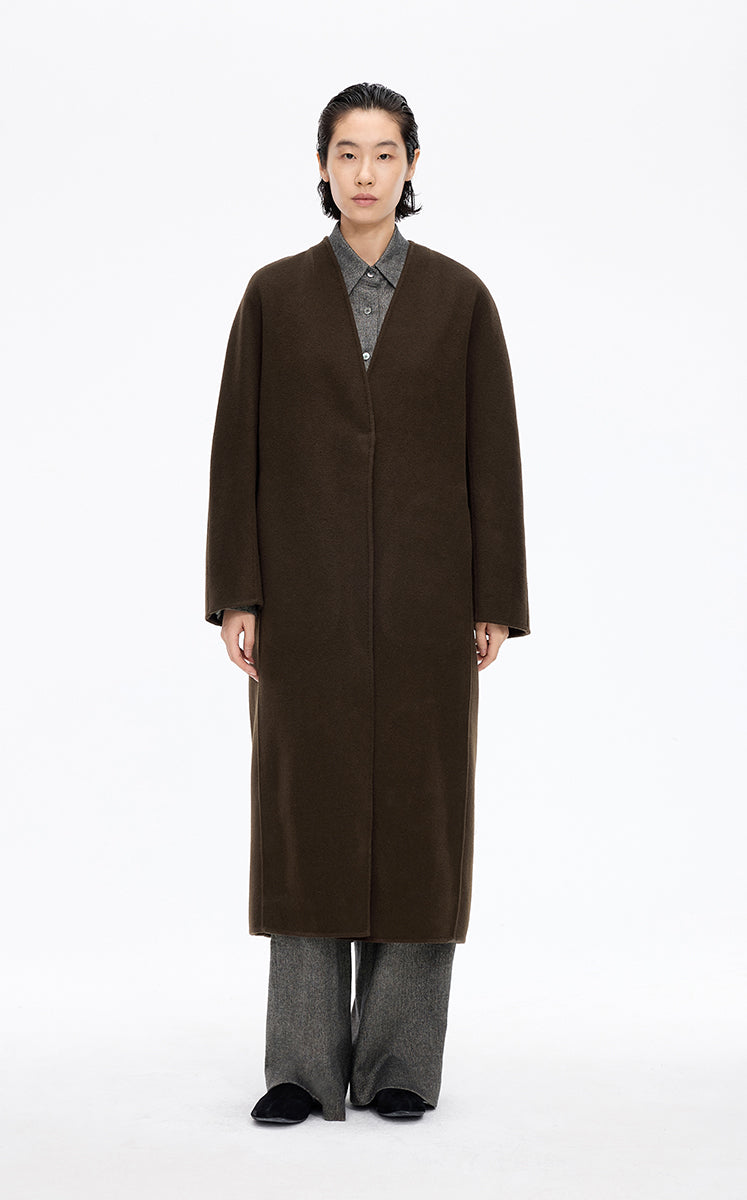 Coat / JNBY Collarless Longline Wool Double-Face Coat Dark Brown