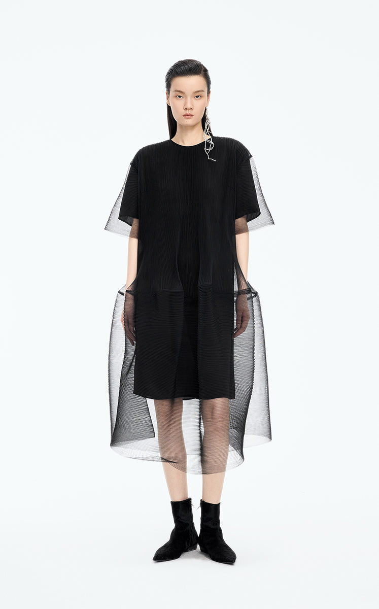 Dress / JNBY Pleated Mesh A-Line Short Sleeve Dress Black