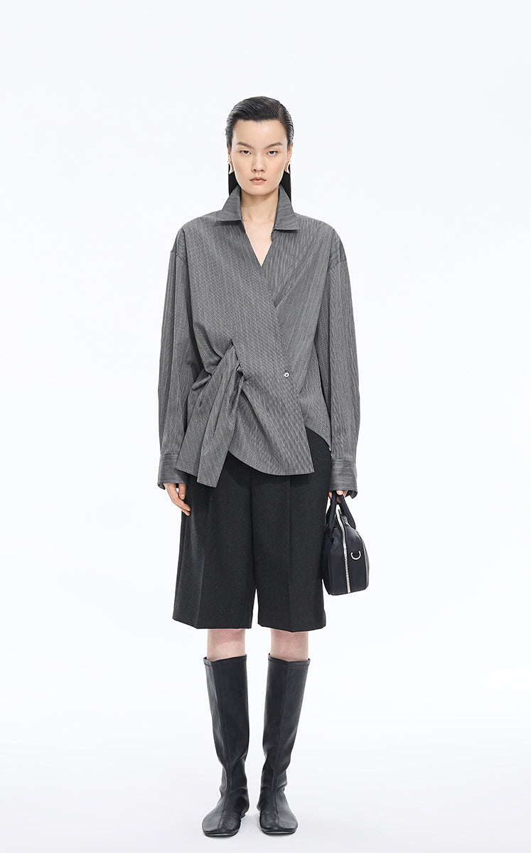 Shirt / JNBY Oversized Stripe-Layered Cotton Shirt Grey