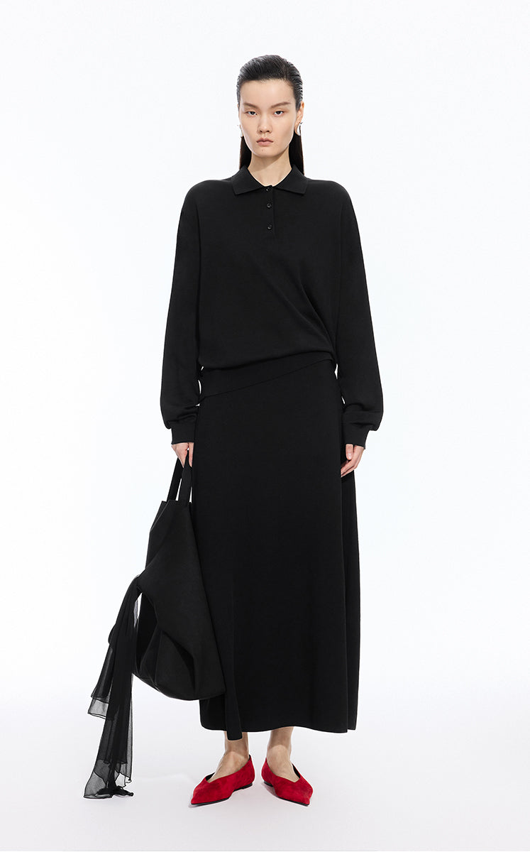 Sweater / JNBY Loose Silk-cotton Long Sleeve Polo black
