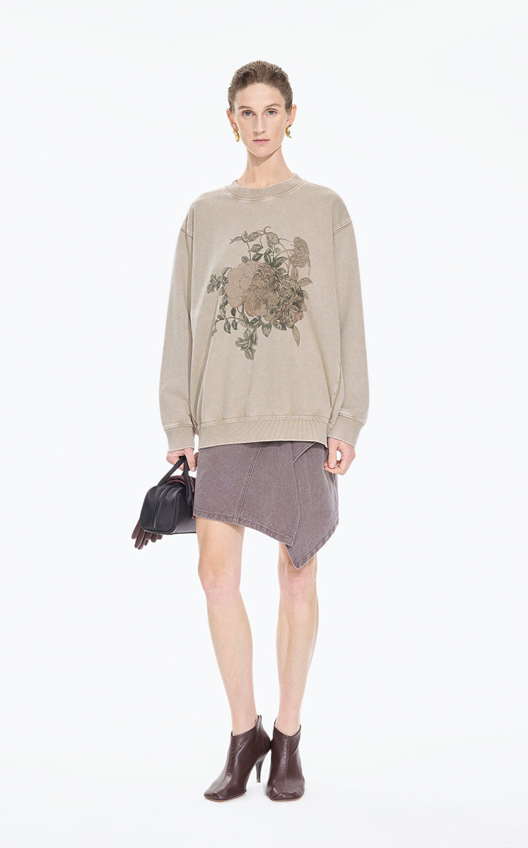 Sweatshirt / JNBY Botanical Print Cotton Pullover Kahaki